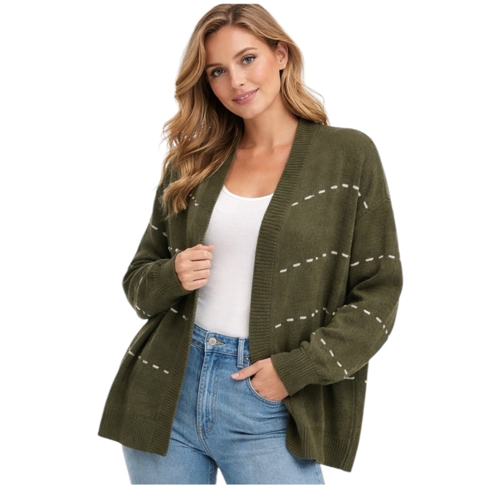 NWT Le Serein x Stitch Fix Women’s Olive Striped Cardigan Classic Relaxed Fit‎